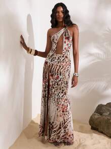 Opulessa Knitted Mesh Printed Ruffles Cutout Asymmetric Slim Fit Dress For Women - Brown - View 5