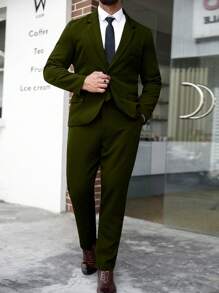 Manfinity Mode Plus Size Men 2 Pieces Set, Solid Color Lapel Neck Long Sleeve Blazer & Pants Suit - Army Green - View 3