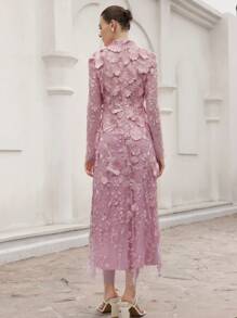 Aveloria Rosie Đầm dài tay ôm eo thêu hoa lãng mạn thanh lịch dành cho nữ, cảm giác sang trọng cho tiệc tùng và ngày lễ tình nhân, mùa xuân - Hồng - Xem 2