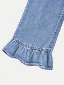 Teens Girls Loose Flared Hem Ruffled Washed Denim Jeans, Fashionable Minimalist College Style