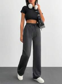 SHEIN Women Solid Color Tie Front And Pocket Detailed Wide Leg Sweatpants - Dark Grey - View 6