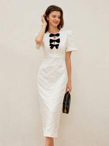 Aveloria Rosie 优雅复古色块 3D 花卉蝴蝶结性感镂空泡泡袖腰收紧紧身鱼尾纹理提花连衣裙 - 黑與白 - 查看 5