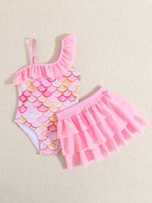 Young Girl Fish Scale Print Ruffled One-Piece Swimsuit With Cover Up Skirt, Suitable For Beach Vacation Summer Holiday - Baby Pink - View 3