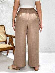 SHEIN Essnce Pantalones anchos de cintura elástica de talle alto, de verano y primavera, de estilo casual, sueltos y cómodos, ligeros y versátiles, para mujer de talla grande, en color caqui, ideales para vacaciones, playa y uso diario - Caqui - Ver 3