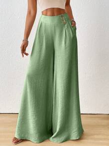 SoleilVie Quần ống rộng xếp ly màu trơn đơn giản thường ngày cho nữ - Màu xanh Ô liu - Xem 3