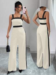 Elenzga Women's Contrast Color Stitching Sleeveless Jumpsuit, Simple And Fashionable, Suitable For Summer - Apricot - View 1