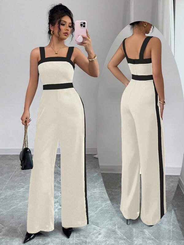 Elenzga Women's Contrast Color Stitching Sleeveless Jumpsuit, Simple And Fashionable, Suitable For Summer