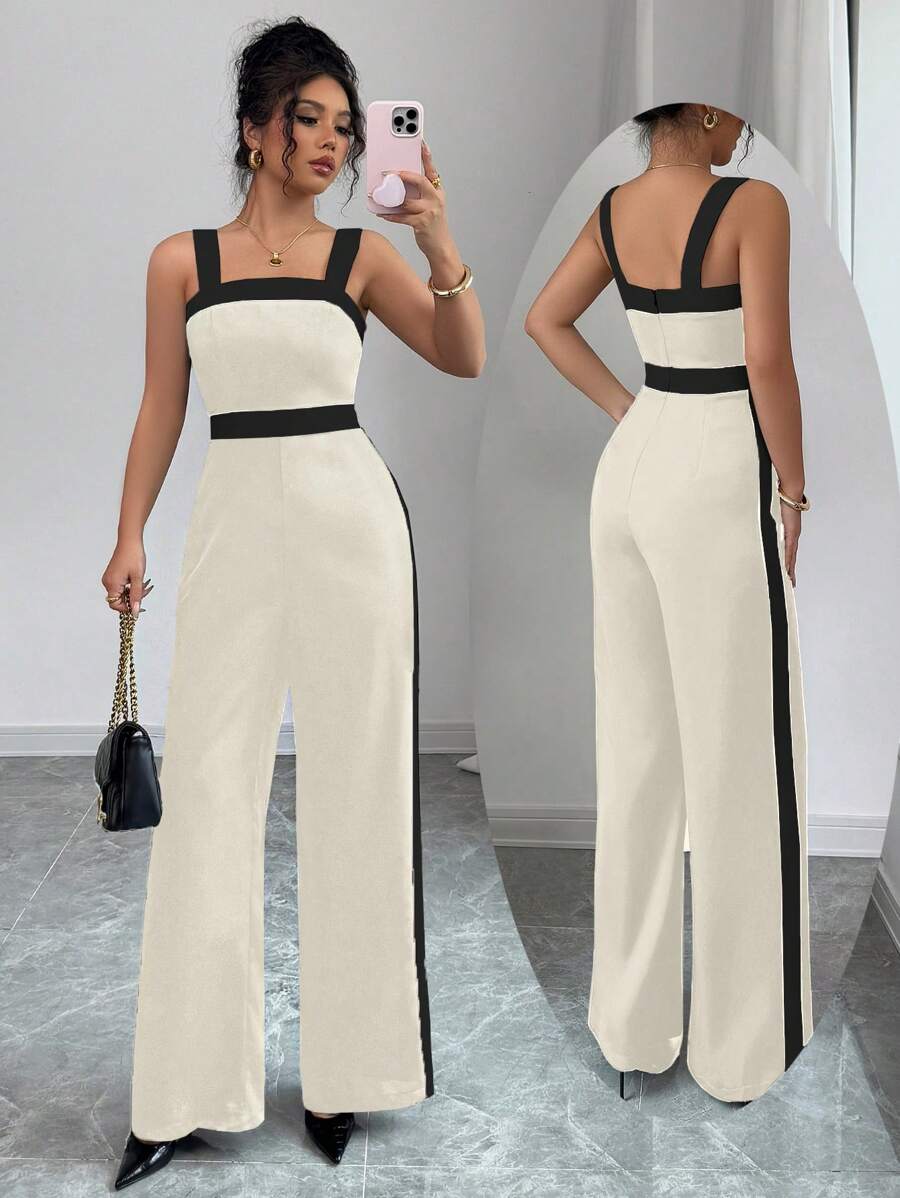 Elenzga Women's Contrast Color Stitching Sleeveless Jumpsuit, Simple And Fashionable, Suitable For Summer - Apricot - View 1