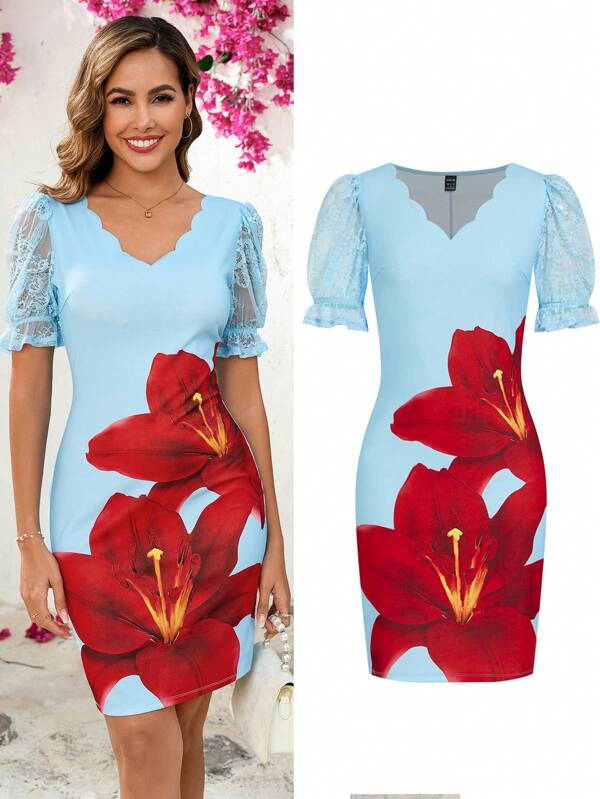 Ellevyn Vestido mini ajustado con mangas de encaje y estampado floral, vestido de playa casual de verano estilo boho, vestido de mujer para Pascua, concierto, playa, fiesta campestre, vacaciones casuales, invitada de boda, festivales, Día de San Patricio, Ibiza, primavera, vestido floral