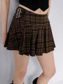 Aveloria Affinna 复古格子设计可折叠腰部分层褶皱下摆 A 字形女式裙子