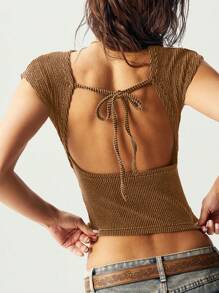 Bohemela Camiseta Feminina Casual de Cor Sólida, Sem Costas, Manga Curta, Ajustada e Lavada