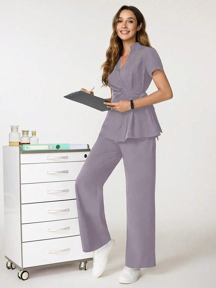 TaskEZ Women 2pcs/Set Solid Color V-Neck Short Sleeve Shirt And Pants /Nursing Scrub Uniform - Purple - View 1