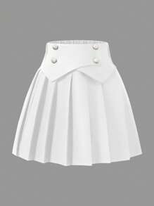 SHEIN Explorewe Tween Girls Skirts Fashion Solid Color Pleated Mini Skirt,Black Skirt,Short Skirt, Versatile Design, For Winter/Fall /Summer - White - View 1