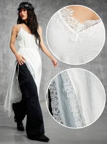 SHEIN EZwear Women's Summer  Festival Date Night Daily  Boho  Western Wear Lace White Midi Dress - White - View 1