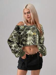 SHEIN Unity Women's Branch Print Asymmetric Shoulder Cropped Sweatshirt Pullover Fall - Multicolor - View 4