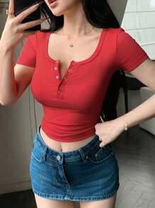 DAZY 女士半拉链修身休闲短袖T恤，红色上衣，情人节款 - 紅色 - 查看 6