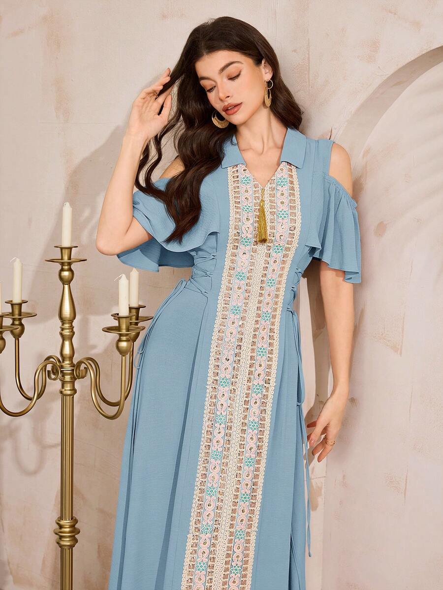 Al Najma Women's Elegant Arabic Splice Ribbon Exposed Shoulder Dress - Blue - View 1