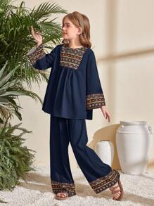 Koszulka z nadrukiem w stylu Tween Girl Woven Solid Patchwork z nadrukiem w kształcie dzwonka z nadrukiem w pozycjonującym stylu Luźne szerokie spodnie z szerokimi nogawkami Zestaw 2 częściowy, styl wiejski, swobodne wakacje, podróże, boho, retro wakacje