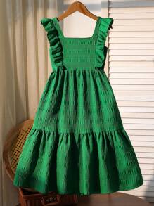 SHEIN Vestido de verano de nueva moda para vacaciones de playa, vestido largo con tirantes de lazo y espalda descubierta con mangas de campana para niñas y adolescentes, dulce y suave vestido para viaje a la playa