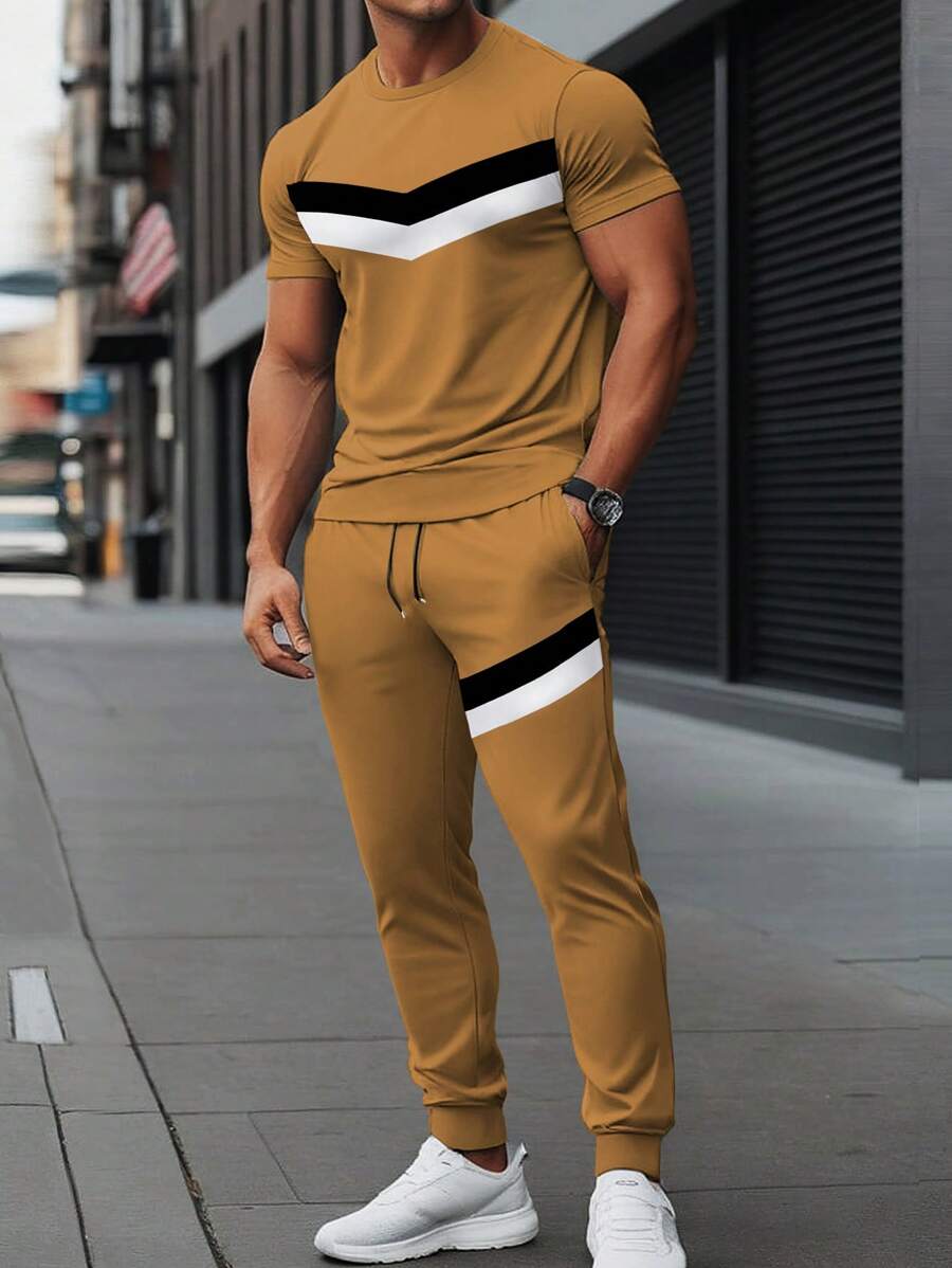 Manfinity Homme Men's Striped Round Neck Short Sleeve T-Shirt And Pants Casual 2 Pieces Set Men 2 Pieces Outfit - Multicolor - View 1