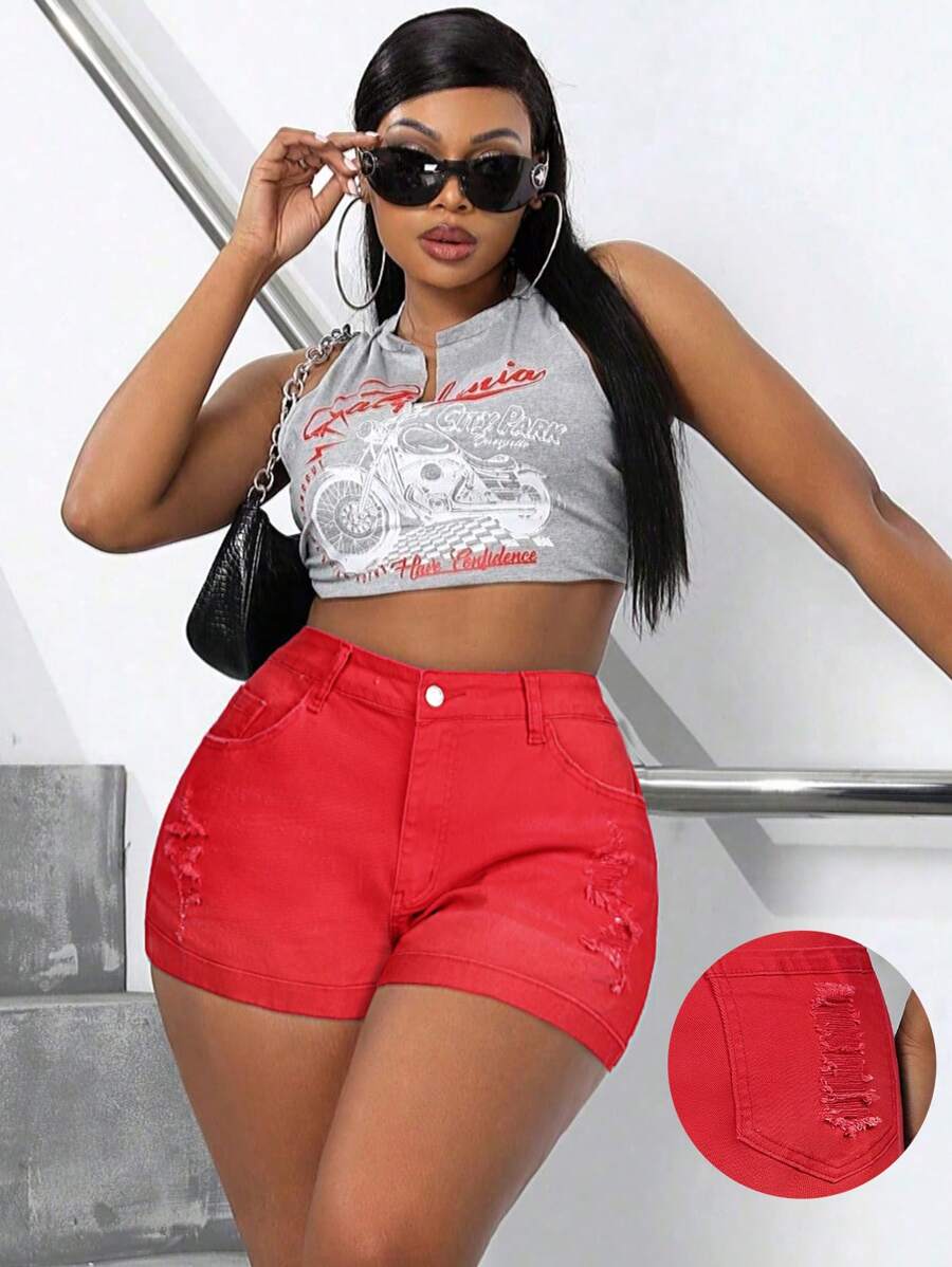 SHEIN SXY 大码中腰弹性拼布牛仔短裤 - 紅色 - 查看 1