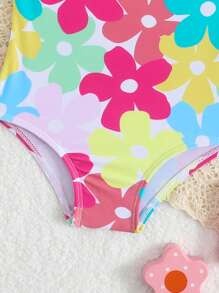 SHEIN Cute Floral Print Ruffled Baby Girl Swimsuit Beach Outfit - Multicolor - View 3
