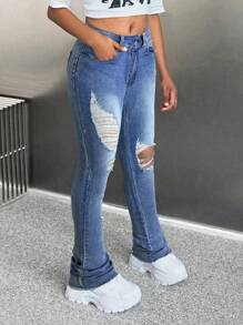 SHEIN Tween 女童夏季 Y2k 街头酷炫简约日常破洞牛仔裤，女童休闲下装，斜口袋，破洞，紧身长款纯色水洗棉质紧身女童牛仔裤，女童春夏装街头服饰 - 淺色水洗藍 - 查看 5