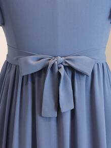 女童圆领短袖荷叶边腰部派对婚礼花童优雅网眼连衣裙 - 藍色 - 查看 4