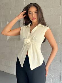 Firerie Damen elegante, einfache apricotfarbene V-Ausschnitt Blumen-Plissee-ärmelloser figurbetonter Bluse, geeignet für Pendeln, Nachmittagstee, Alltagstragen, Sommer