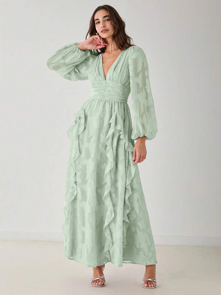 Enchnt Vestido Longo Verde Pastel de Manga Longa com Babados de Decote em V Romântico para Mulheres, Primavera/Verão, Doce e Elegante para Férias, Encontros, Feriados, Festas, Formatura e Convidados de Casamento, Vestido de Formatura, Roupa de Festival de Concertos para Mulheres, Vestido de Páscoa para Mulheres, Vestidos de Verão para Mulheres, Vestidos Leves de Verão para Mulheres, Roupas de Verão - Verde Menta - Visão 7