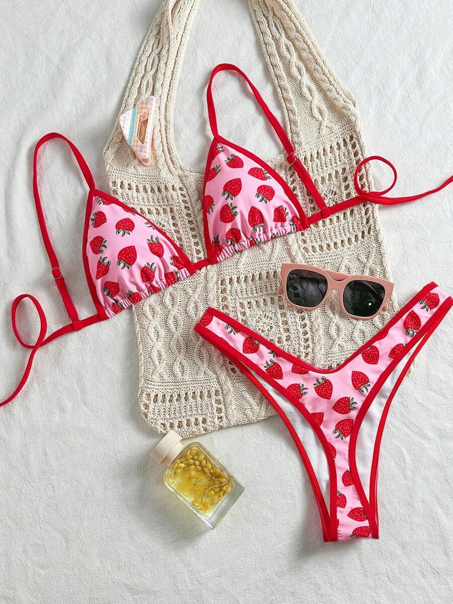 Swim Mod Strawberry Print Triangle Cup Halter Top And High Cut Bikini Bottoms 2 Pieces Bikini Set Set For Beach Vacation For Summer - Pink - View 1