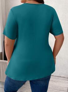SHEIN LUNE Plus Size Women Contrast Ruffle Short Sleeve Casual T-Shirt - Teal Blue - View 2