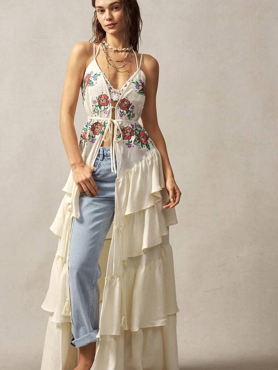 Bohemela Summer Boho Embroidery Pattern Ruffle Trim Backless Dress For Women - Red - View 1