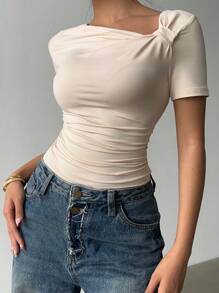 Siren Gaze Women Oblique Collar Short Sleeve T-Shirt, Summer New Design Fitted Casual Top