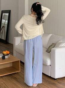 DAZY Set de 3 piezas con top de botones de unicolor, top de tirantes finos y pantalones rectos holgados a rayas para estar en casa, ropa de otoño e invierno, conjunto cómodo - Blanco - Ver 2