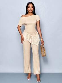 SOLERSUN Zomeroutfits Zomerkleding Strandoutfits voor dames Bruiloftsgasten Concertoutfits voor dames Rave-outfits Festival- en countryconcertoutfits Zakelijke casual outfits voor dames Vakantieoutfits voor dames Boho-stijl Bescheiden gehaakte strandkleding Asymmetrische schouders Sexy Elegant Slanke taille Dames Abrikooskleurig tweedelig pak met kwastjes - Abrikoos - Bekijken 5