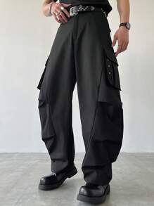 Manfinity Roghcode Men Solid Color Cargo Loose Casual Trousers, Fall - Black - View 1