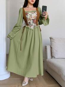 Feyla 女士优雅拼色提花长裙 - 綠色 - 查看 6