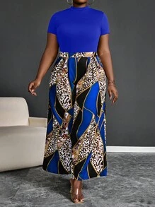 Maweii 2pcs Plus Size Solid Color Short Sleeve Top And Long Pants Set, Simple And Fashionable, Suitable For Summer