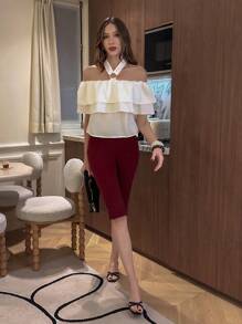 Chiquease Women's Elegant Off Shoulder Elasticated Ruffle Trim Bowknot Design Blouse - White - View 3