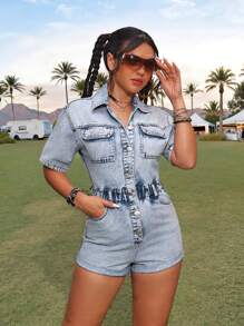 SHEIN PETITE PETITE Women's Denim Eomper With Short Sleeve, Rave Outfit,Summer Outfits For Women,Cowgirl Outfits For Women,Overalls Women,Spring Clothes,Rave Outfits Festival,Concert Outfit Women,Rave Outfits,Vacation Jumpsuit ,Country Concert Outfit - Light Wash - View 1