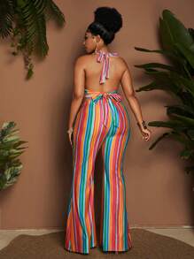 Maweii Plus Size Colorful Striped Print Knit 2 Pieces Set, Halter Neck Tie Top, Long Pants - Multicolor - View 4