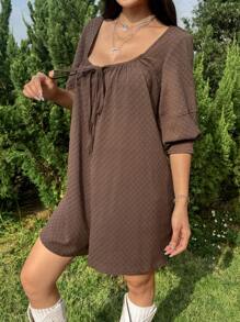 SHEIN EZwear Women's Casual Brown Woven Fabric Jumpsuit With Scoop Neck And Three-Quarter Sleeves - Brown - View 3