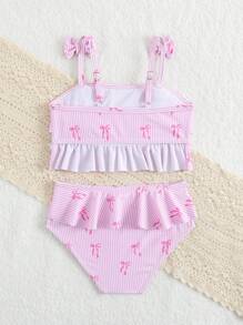 Conjunto de traje de baño para niñas con estampado de moños y volantes, color rosa