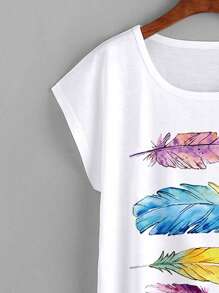 SHEIN LUNE 羽毛印花蝙蝠袖 T 恤 图案 T 恤 女式上衣 - 白色 - 查看 3