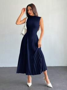 SHEIN PETITE Women Elegant Pleated Tight-Fitting A-Line Dress,Business Casual Woman,Bohemia - Navy Blue - View 5