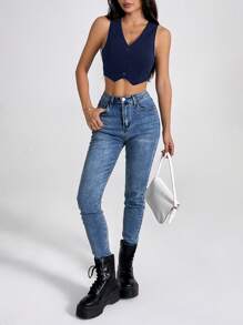 SHEIN PETITE Women's Navy Blue Sleeveless Knitted Blazer Vest: Casual, Cropped, And Chic With A V-Neck And Button-Front Closure For Effortless Style - Navy Blue - View 7