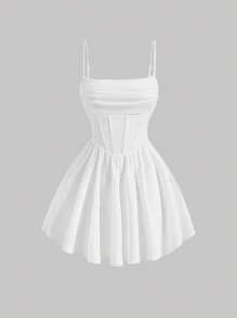 SHEIN Tall Solid Ruched Cami White Corset Structure Summer Dress - White - View 8