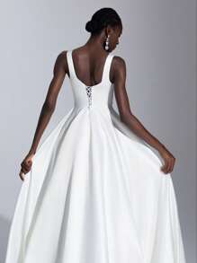 Elitara Elegant White Satin Spaghetti Strap Luxury Rhinestone Backless Adjustable Tie A-Line Ruffled Hem Wedding Dress With Train, Bride - White - View 7