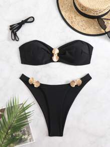 Swim SXY Mulheres 2 Peças/Conjunto Maiô Bikini Top e Bottom Decor de Concha Sexy Sem Alça e Sem Arame, Traje de Praia para Férias de Verão - Preto - Visão 3